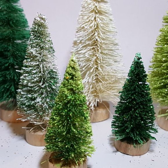 9pc Assorted Light & Dark Green Mini Sisal Bottle Brush Trees Set - Picture 3 of 5